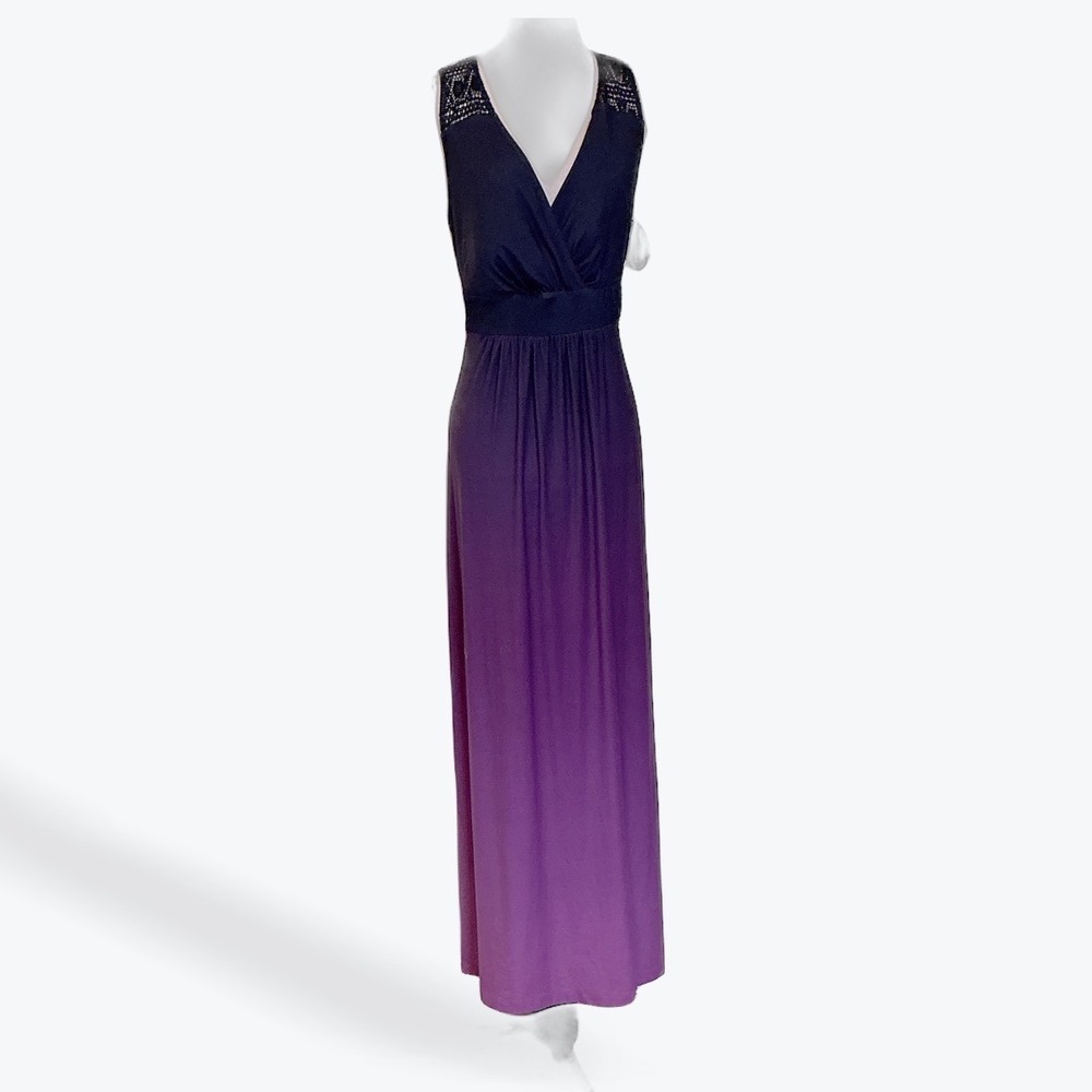 Soma Ombre Maxi Dress Womens Medium Navy Orchid Purple Lace Trim Sleeveless NEW - Picture 1 of 12